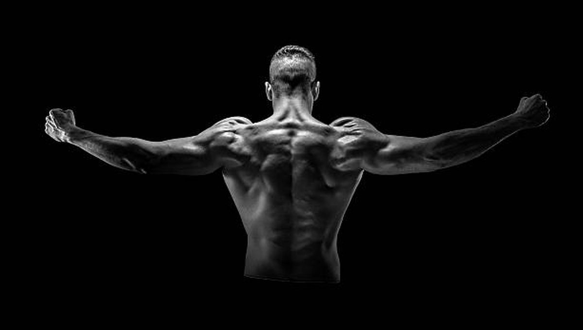 Athlete showing back muscles, arms outstretched