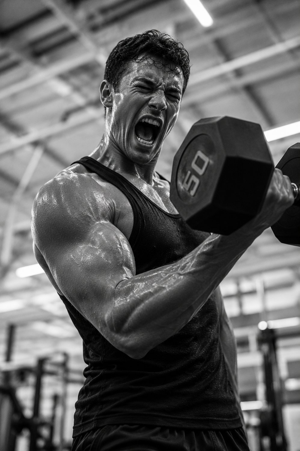 Athlete shouting mid dumbbell curl