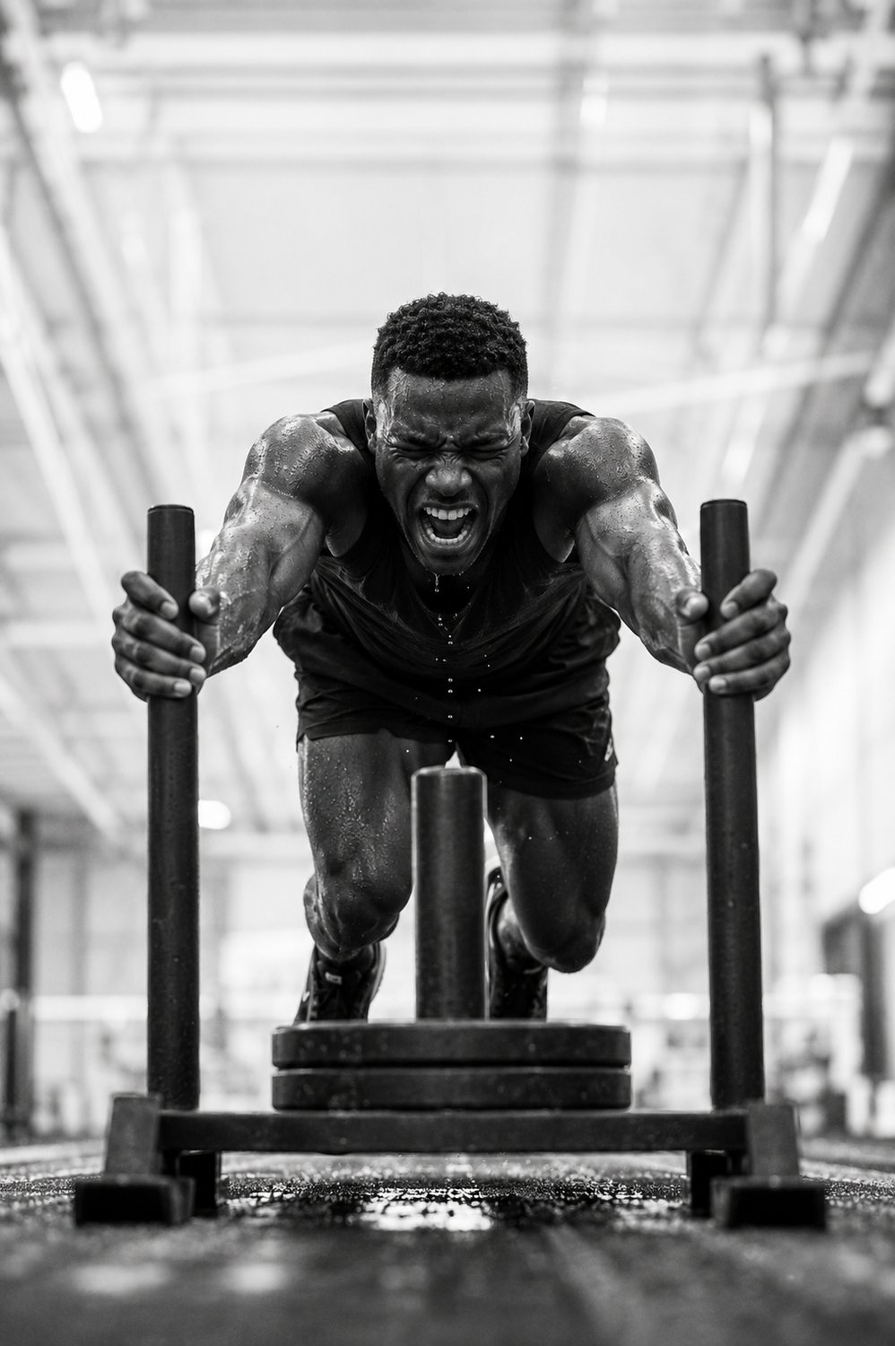 Athlete driving a weighted sled